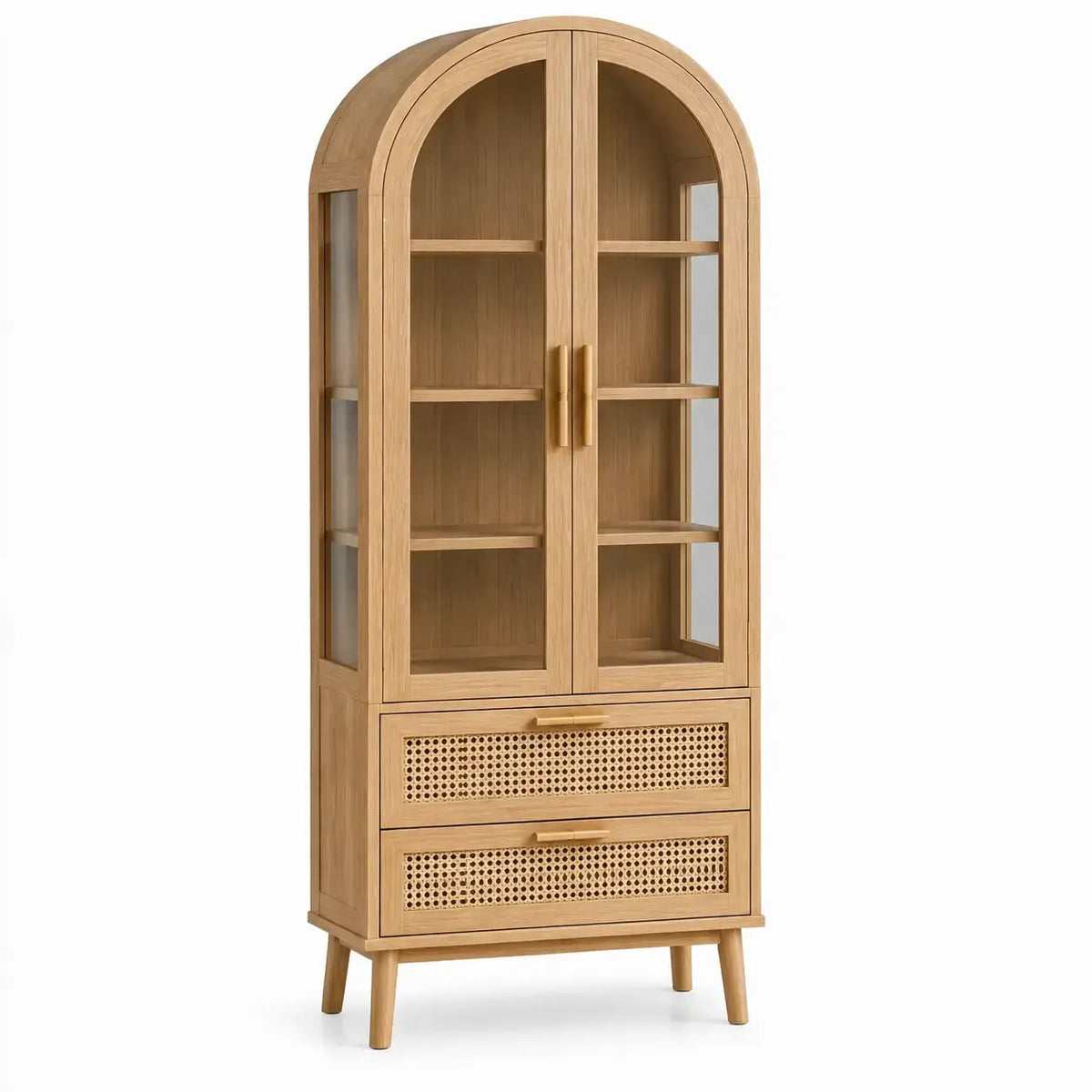 Elegant RidgeAndRung cristaleira with arched elements in a warm brown finish, showcasing its stylish display cabinet design.