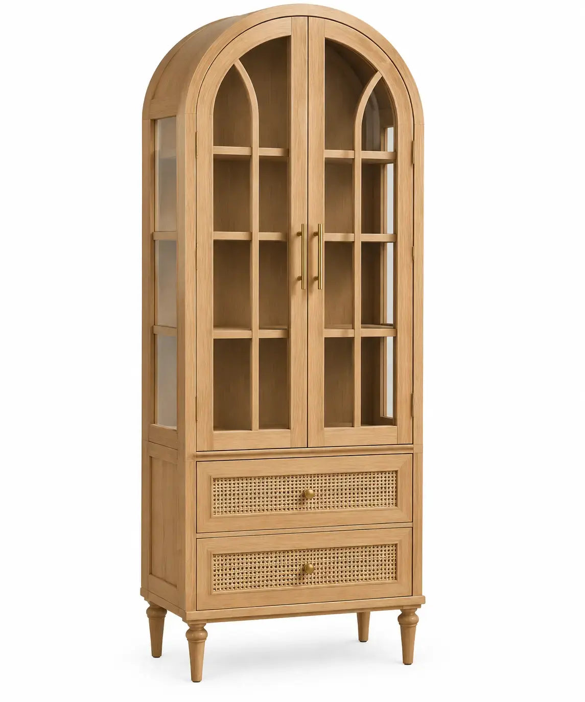 Elegant RidgeandRung cristaleira with arched design in warm brown finish, showcasing glass display elements and decorative wood accents.