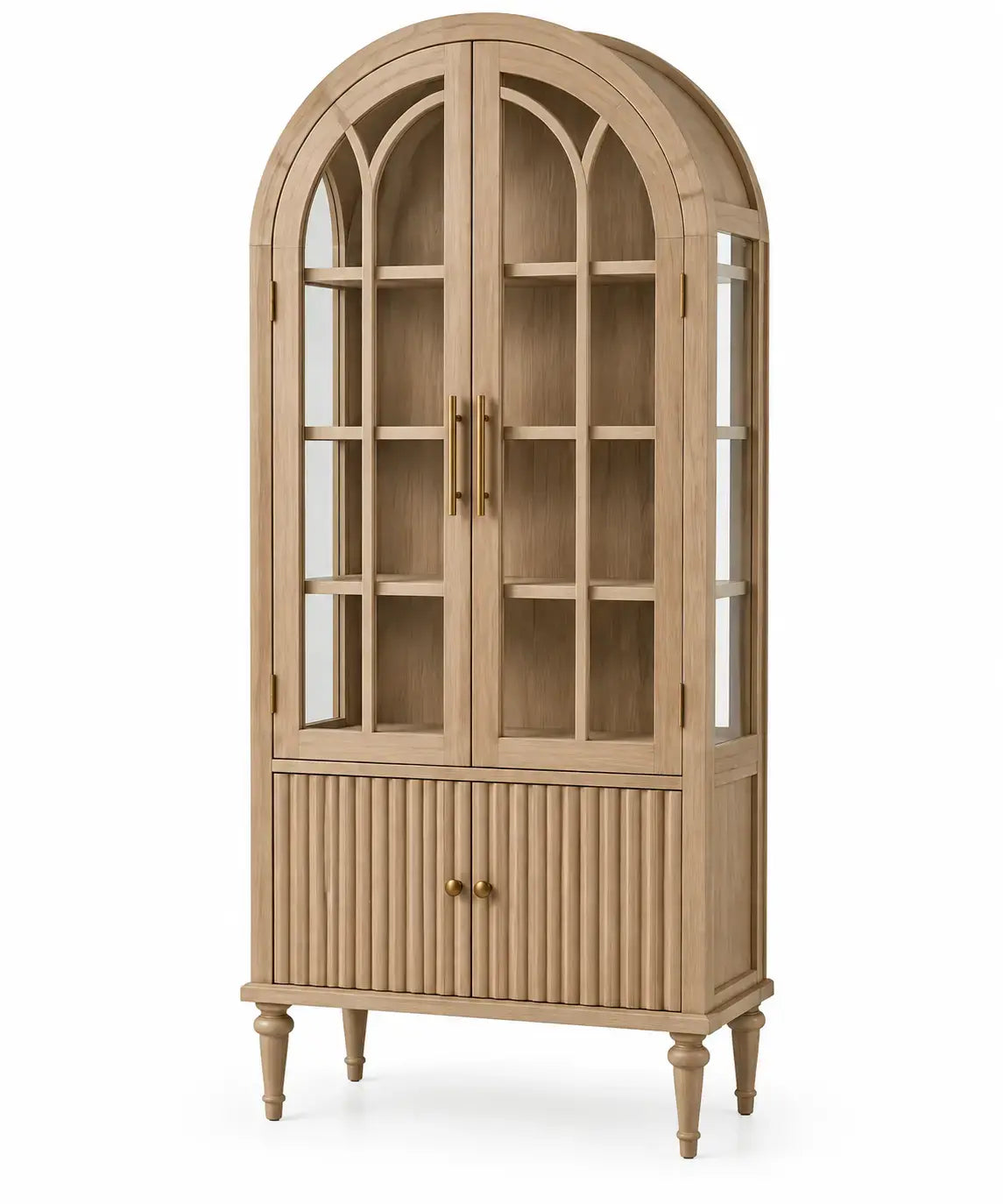 Ridgeandrung cristaliera com elementos em arco, em acabamento castanho, elegante móvel para exibição de cristais e itens decorativos.