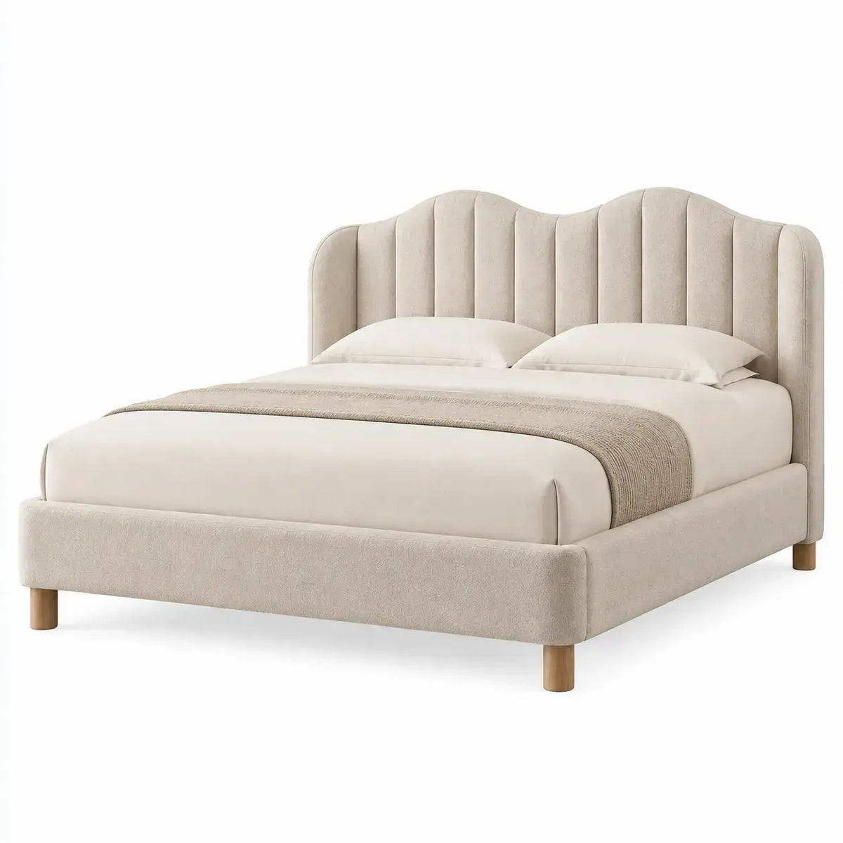 Beige bed frame with vertical stitched headboard from RidgeandRung, showing a modern, sturdy structure and stylish design.