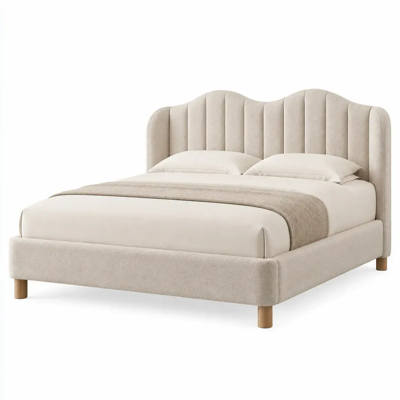 Beige bed frame with vertical stitched headboard from RidgeandRung, showing a modern, sturdy structure and stylish design.