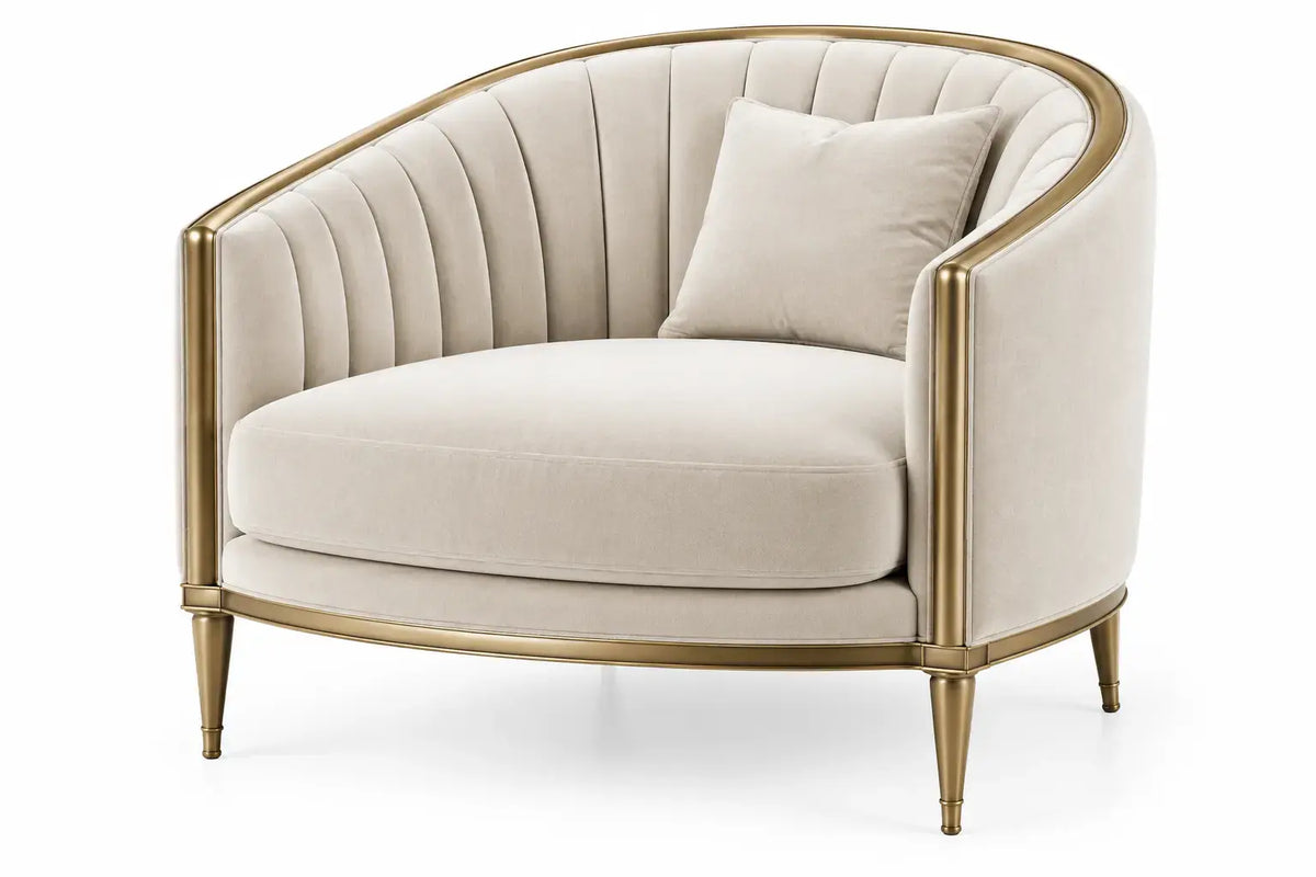 Beige and gold curved-line armchair by RidgeandRung, showcasing elegant upholstery and modern design in a stylish living room setting.