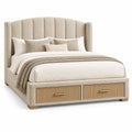 Beige and brown bed frame with vertical stitched headboard from RidgeAndRung, showcasing a modern bedroom furniture design.
