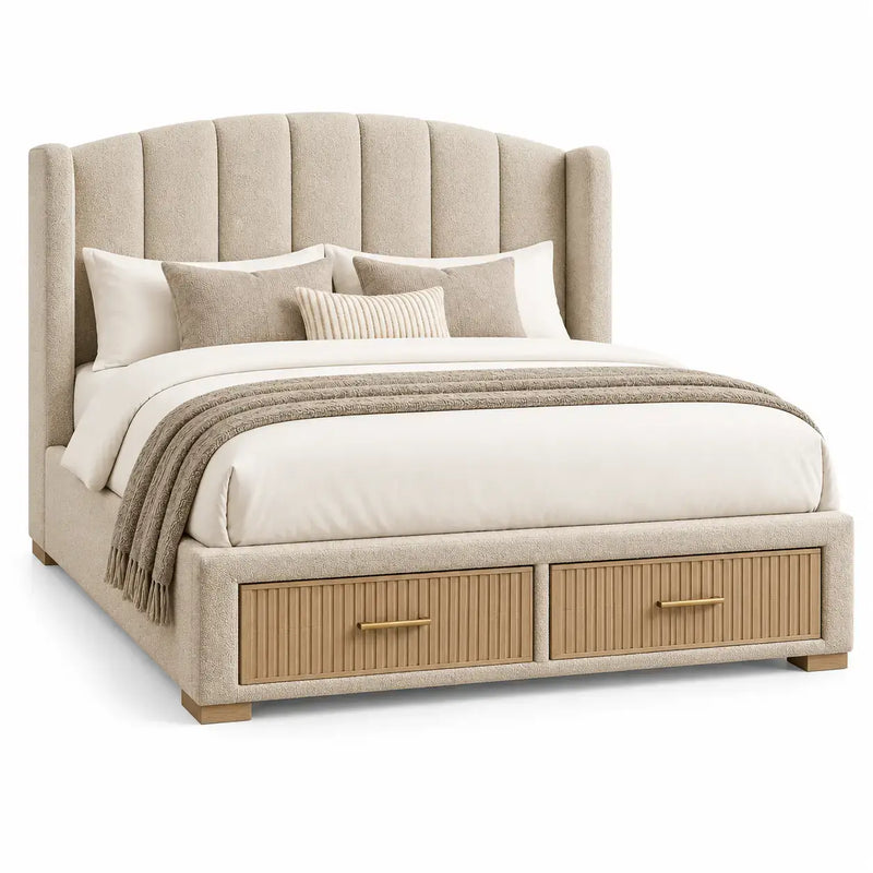 Beige and brown bed frame with vertical stitched headboard from RidgeAndRung, showcasing a modern bedroom furniture design.