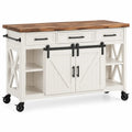 White and brown kitchen mobile helper cart with wheels, doors, and storage from Ridgeandrung, ideal for kitchen organization.