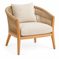RidgeandRung beige and brown armchair with woven details, modern design, soft upholstery, and sturdy wooden legs.