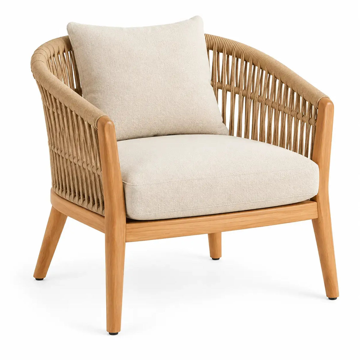 RidgeandRung beige and brown armchair with woven details, modern design, soft upholstery, and sturdy wooden legs.