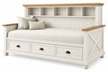 Ridgeandrung upholstered storage bench in beige and white fabric with built-in drawers, ideal for entryway or living room seating.