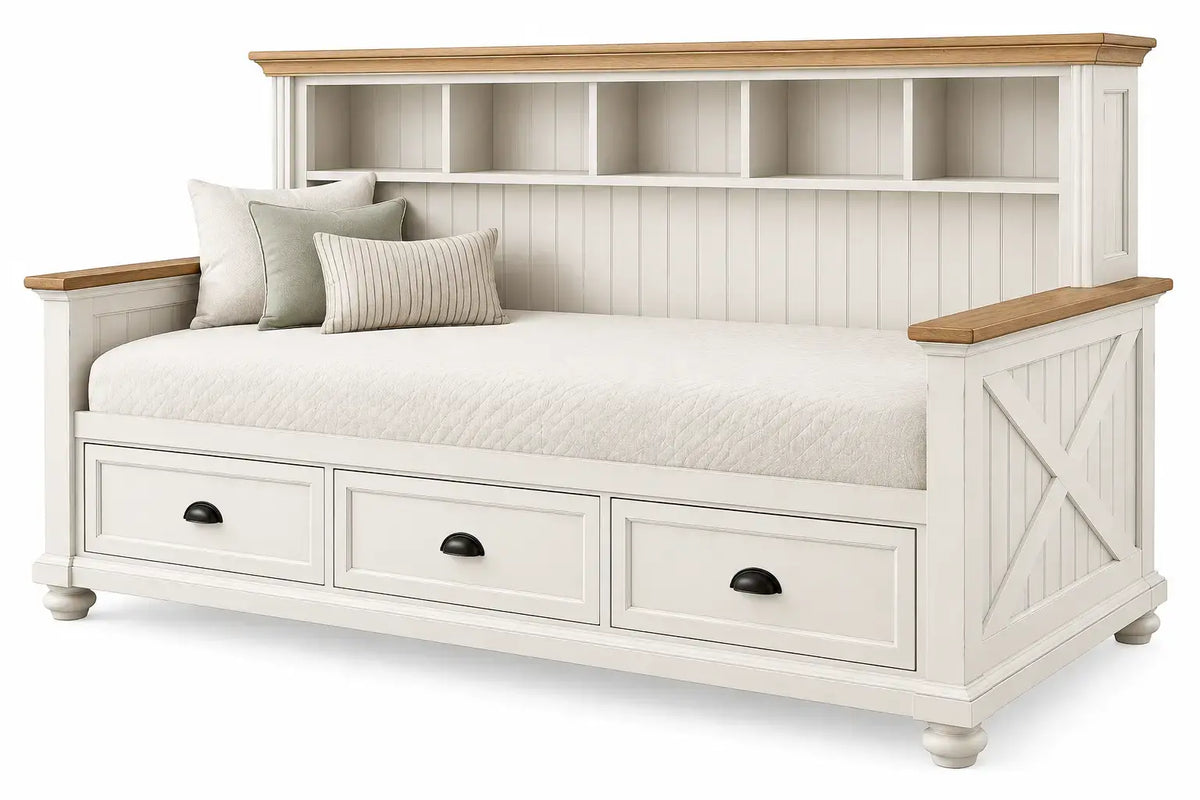 Ridgeandrung upholstered storage bench in beige and white fabric with built-in drawers, ideal for entryway or living room seating.