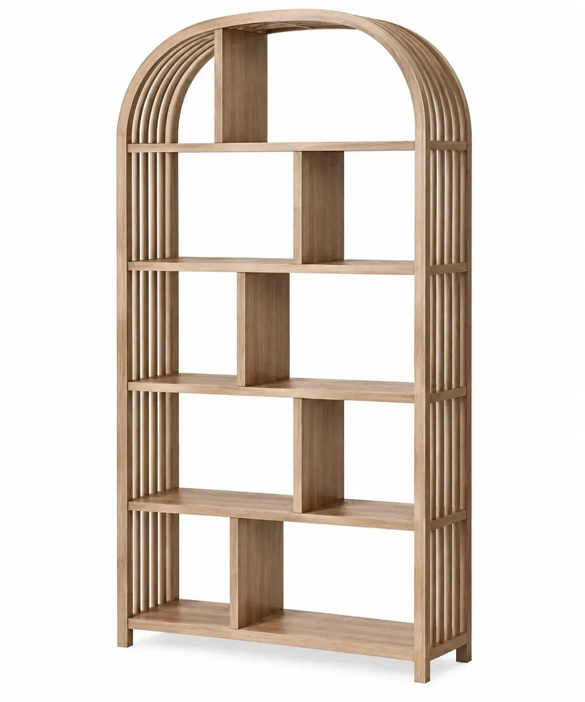 RidgeandRung brown arch-themed shelf with curved elements, modern and stylish storage solution for home or office decor.