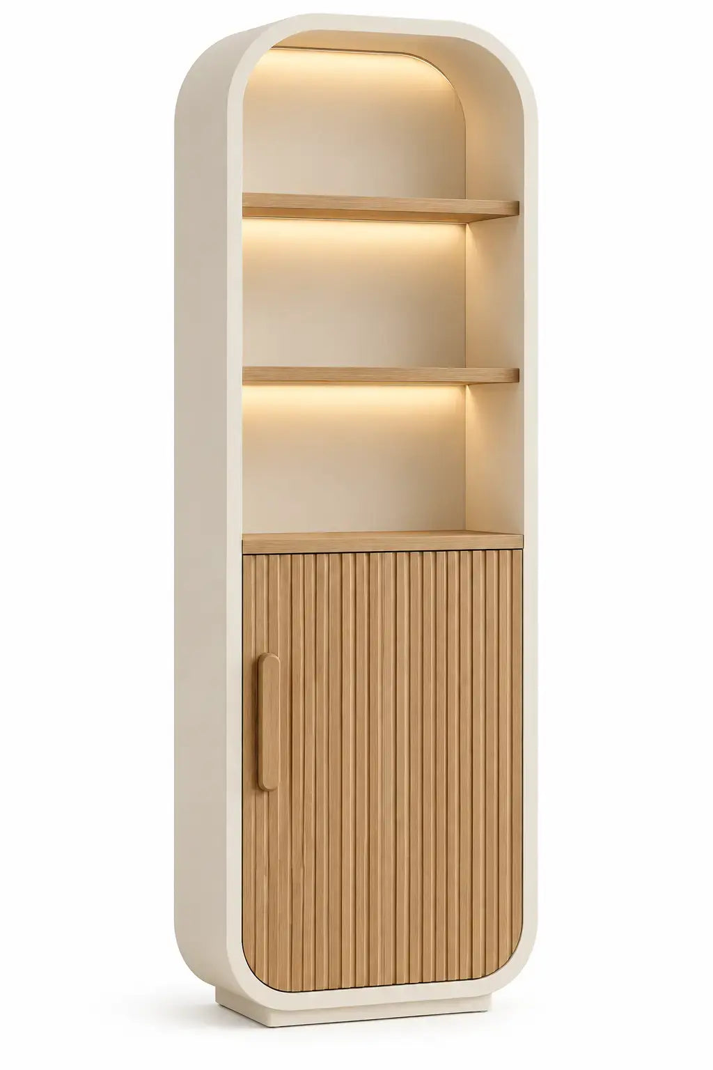 RidgeandRung white and brown arco-shaped wall shelf with decorative elements, modern design for living or bedroom decor.