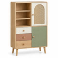 White, green, and brown woven-style RidgeAndRung bookshelf with intricate interlaced details, showcasing a modern storage design.