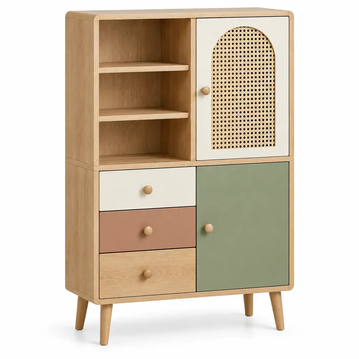 White, green, and brown woven-style RidgeAndRung bookshelf with intricate interlaced details, showcasing a modern storage design.