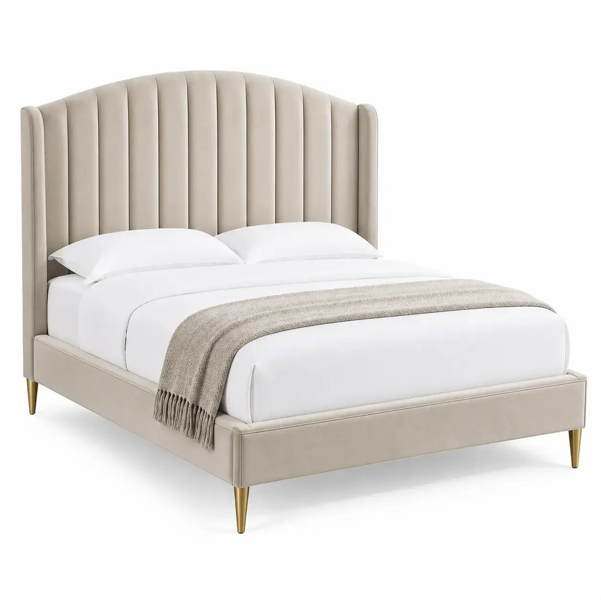 Beige bed frame with vertical stitched headboard, RidgeandRung brand, modern and stylish bedroom furniture.