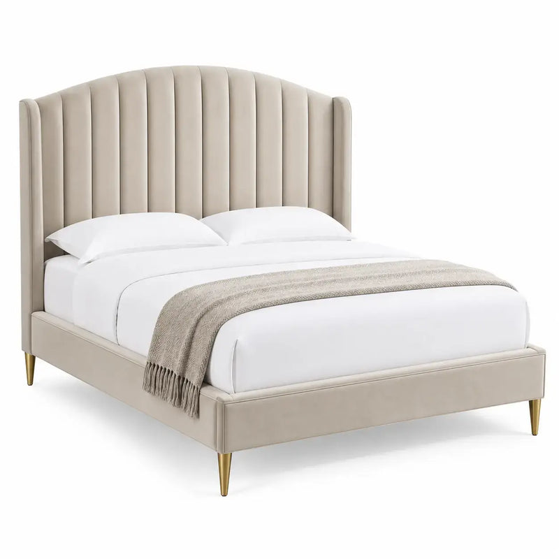 Beige bed frame with vertical stitched headboard, RidgeandRung brand, modern and stylish bedroom furniture.