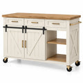White and brown kitchen mobile cart with wheels, storage cabinet with doors, by RidgeandRung, suitable for kitchen organization.