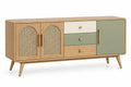 RidgeandRung white and green arched sideboard with brown accents, modern design, featuring curved elements and storage compartments