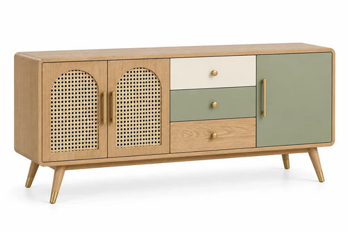 RidgeandRung white and green arched sideboard with brown accents, modern design, featuring curved elements and storage compartments