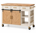 White and brown Ridgeandrung kitchen mobile with wheels, featuring doors and storage shelves for versatile kitchen organization.