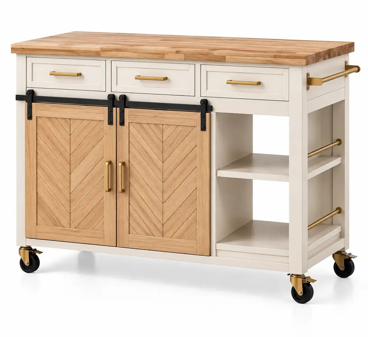 White and brown Ridgeandrung kitchen mobile with wheels, featuring doors and storage shelves for versatile kitchen organization.