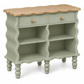 RidgeAndRung green and brown storage shelf with drawers, showcasing its wooden design and multiple compartments.